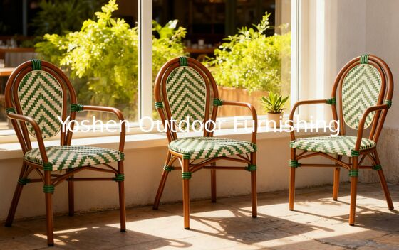 Stackable Curved-Back Synthetic Wicker & Bamboo Commercial Outdoor Green Chair