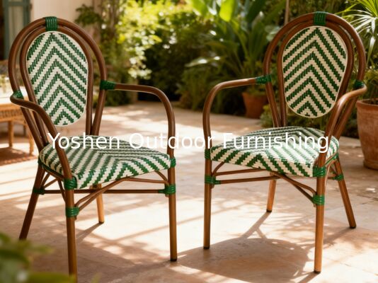 Stackable Curved-Back Synthetic Wicker & Bamboo Commercial Outdoor Green Chair