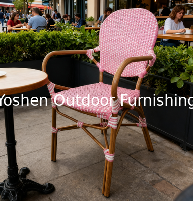 Yoshen French Bistro Chair Blue Restaurant Café Outdoor White and Blue Rattan Dining Arm Chair