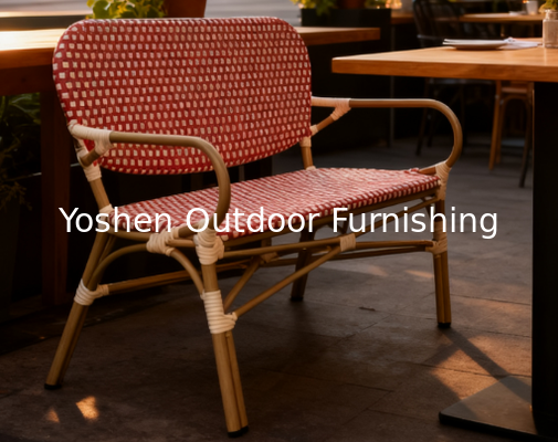 Outdoor French Bistro Rattan Sofa Bench Chair Rattan Restaurant Sofa Burgundy Red for Hotel Resort
