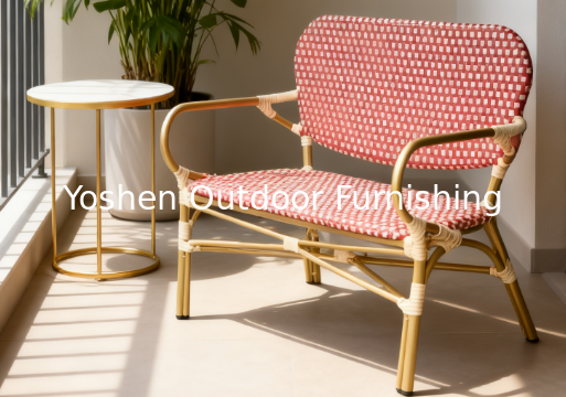 Outdoor French Bistro Rattan Sofa Bench Chair Rattan Restaurant Sofa Burgundy Red for Hotel Resort