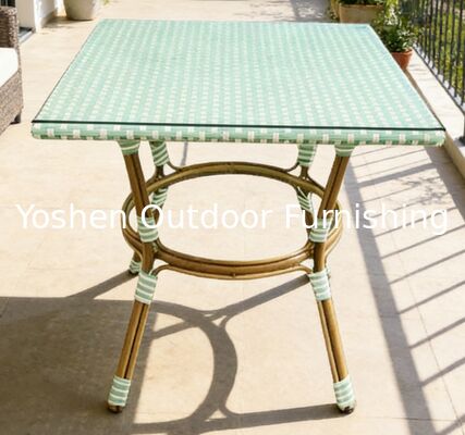 Easy Clean 4 Seater square Aluminum Rattan Dining Table for Hote Restaurant with Glass Top