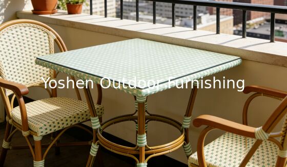 Easy Clean 4 Seater square Aluminum Rattan Dining Table for Hote Restaurant with Glass Top