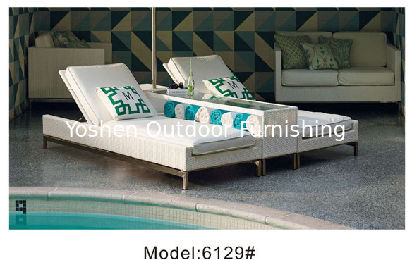 2pcs rattan poolside sunbed with umbrella holder & drink table 2 person wicker sunbed-6129