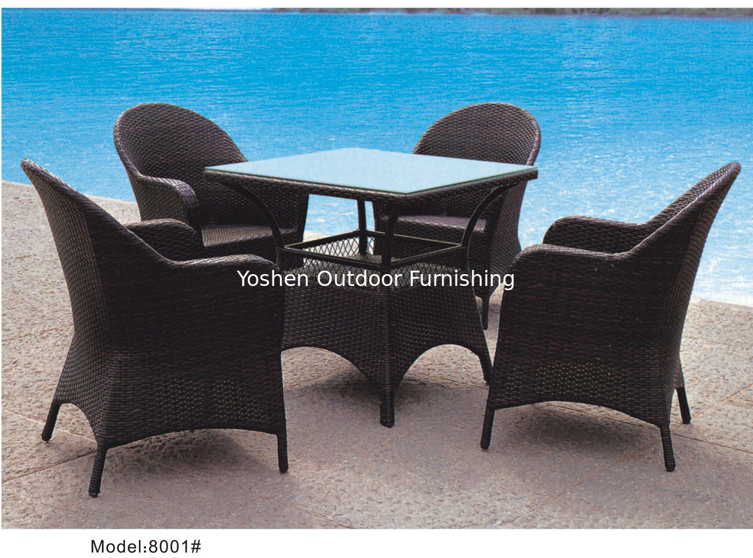 5-piece synthetic rattan wicker outdoor glass top dining table with 4 armchairs-8001