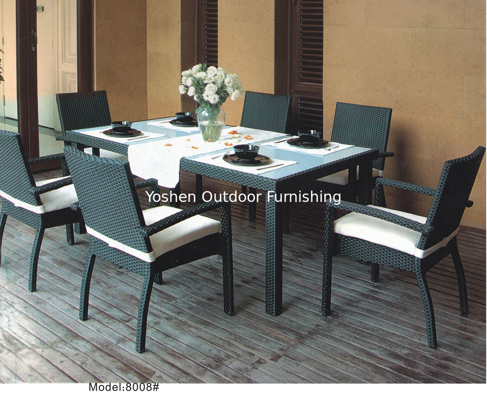 7-piece synthetic rattan wicker outdoor glass top dining table with 6 armchairs-8008