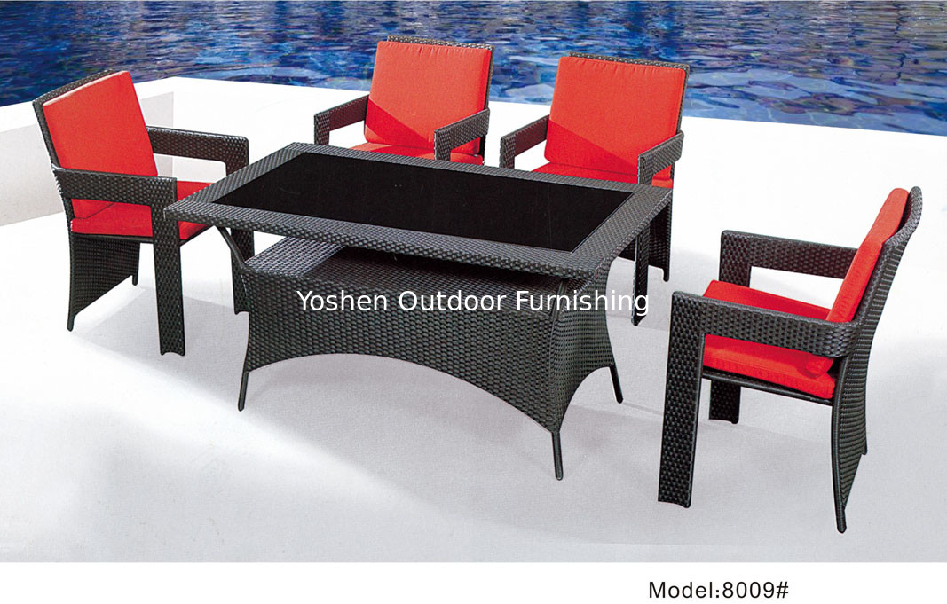 7-piece synthetic rattan wicker outdoor glass top hotel dining furniture 6 armchairs-8009