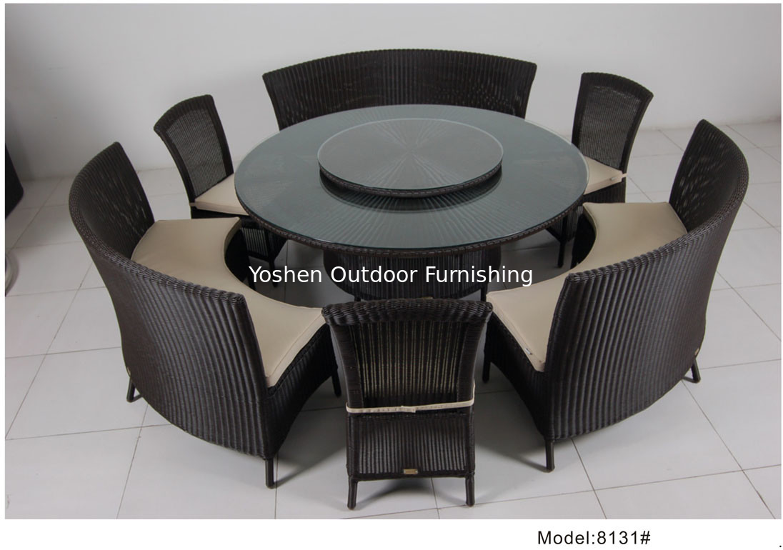 7-piece PE rattan wicker rotating round table hotel dining set for 9 people -8131