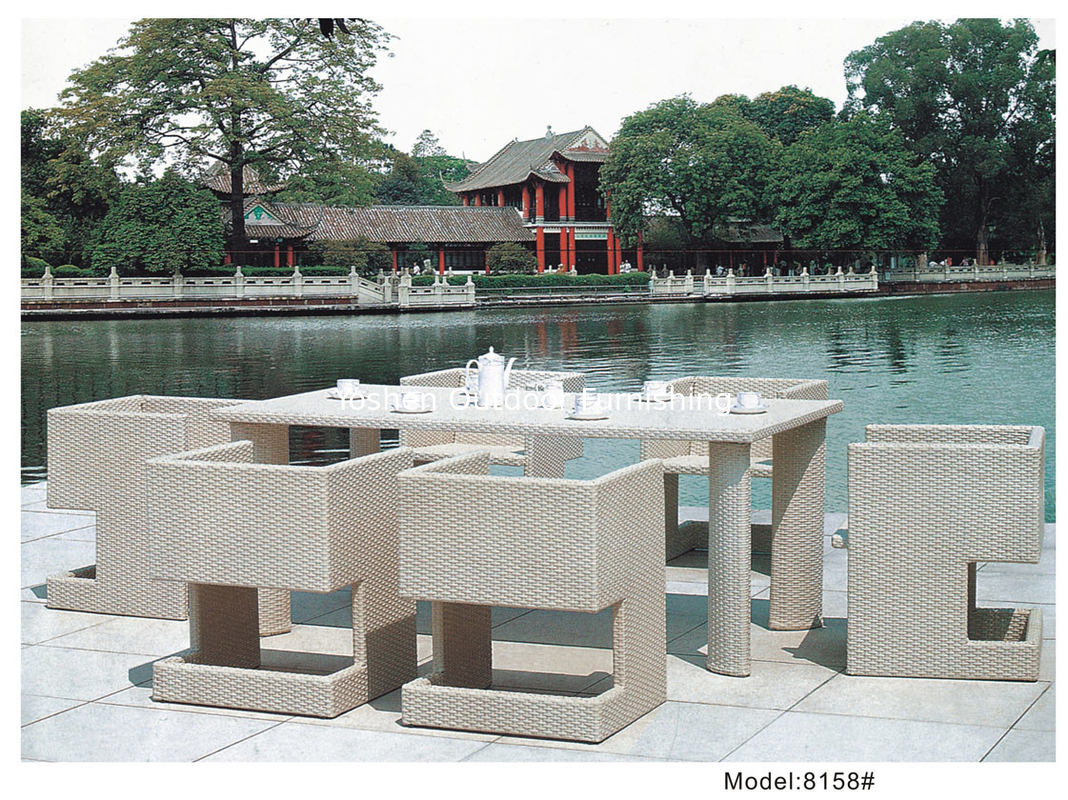7-piece white PE rattan wicker hotel dining set for 6 people -8158