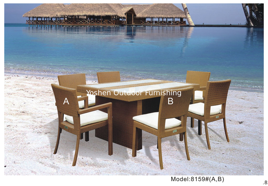 7-piece beige PE wicker rattan coffee dining set for 6 people with 4 armless chairs-8159