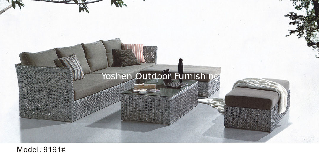 5 piece -L shape rattan wicker Living room chaise chair sofa set ottoman coffee table Yoshen-9191