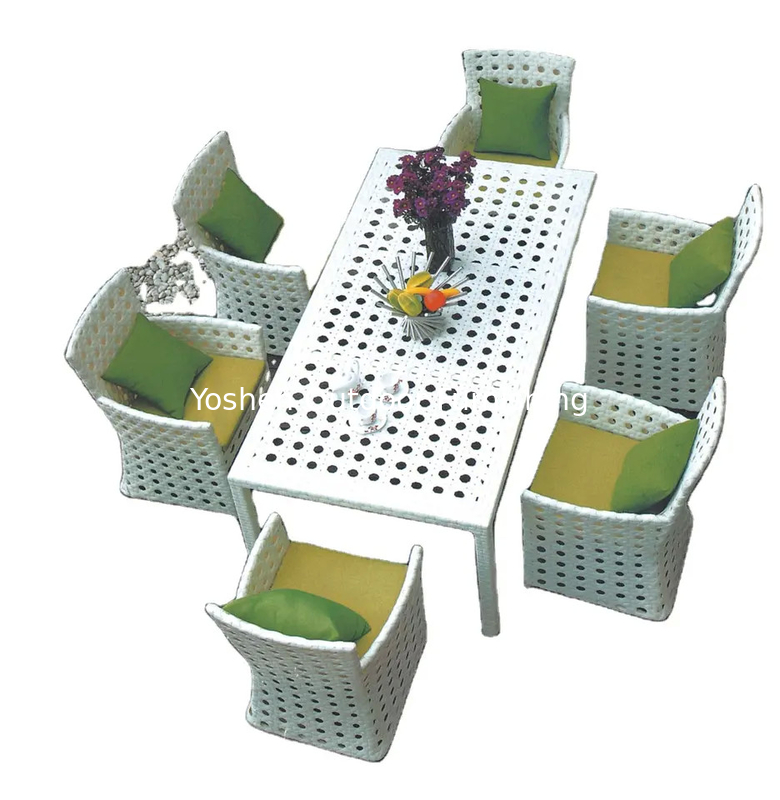 White flower pattern wedding furniture 6 seat dining chairs outdoor white rattan dining table white wicker furniture8132
