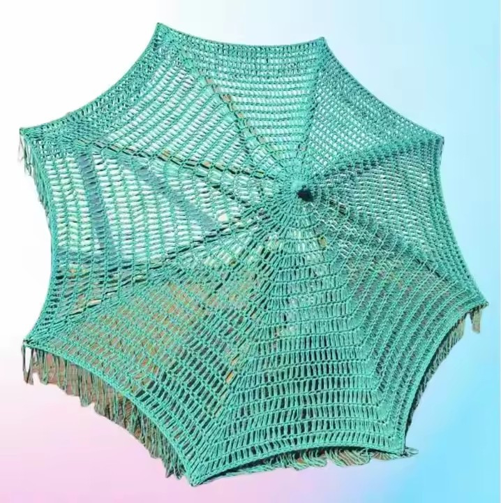 9 ft Green Outdoor Beach Tassel Umbrella Parasol Hotel Crochet Woven Umbrella Macrame Umbrella