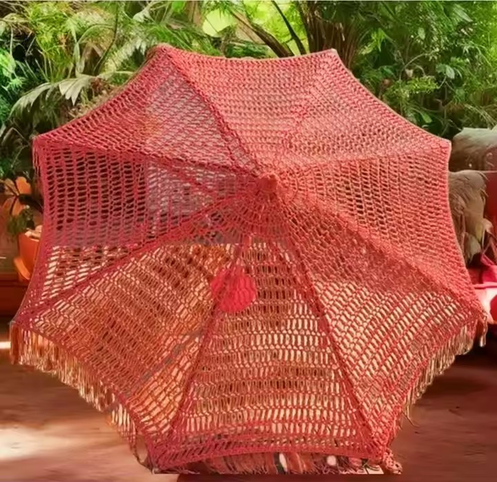 9 ft Red pink Colorful Outdoor Market Umbrella Rope Woven Macrame Umbrella Crochet Woven Umbrella Parasol