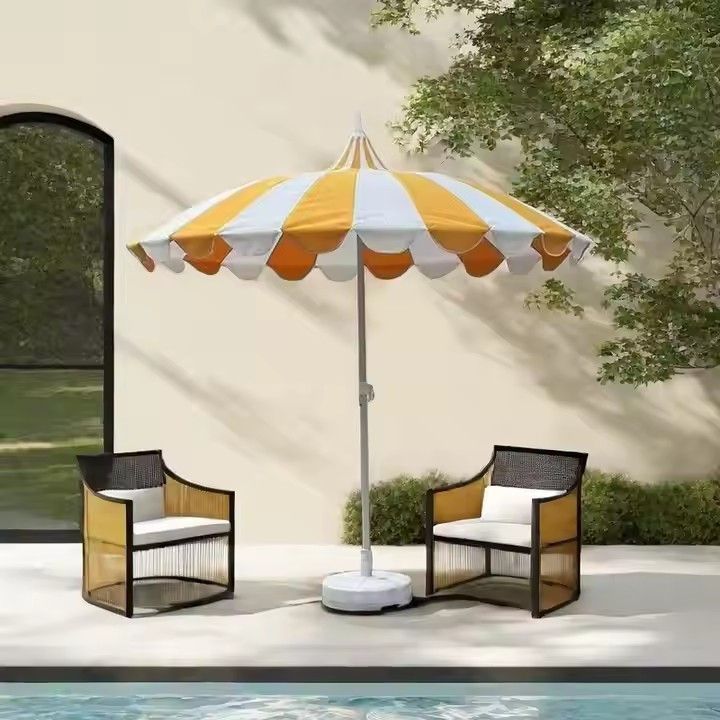 8.5 ft Fiberglass Rib Beach Umbrella Stainless Steel Pole White Strip Pagoda Umbrella Light Weight Outdoor Pagoda Parasol