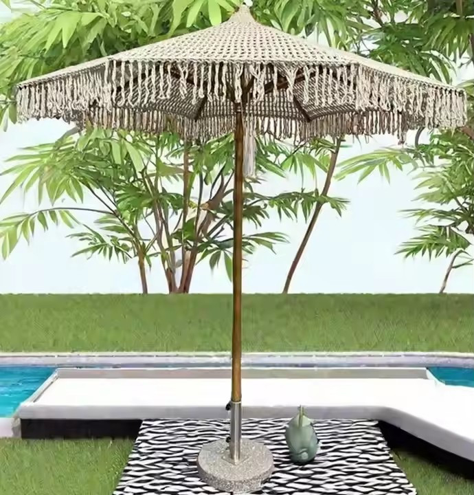 9 ft Pulley Lift Outdoor Patio Rope Beach Umbrella Bohemian Style Umbrella Tassel Outdoor Macrame Beach Umbrella Parasol