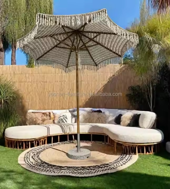 9 ft Resort Beach Macrame Crochet Umbrella Parasol Tassels Woven Canopy Umbrella Macrame Fringe Umbrella