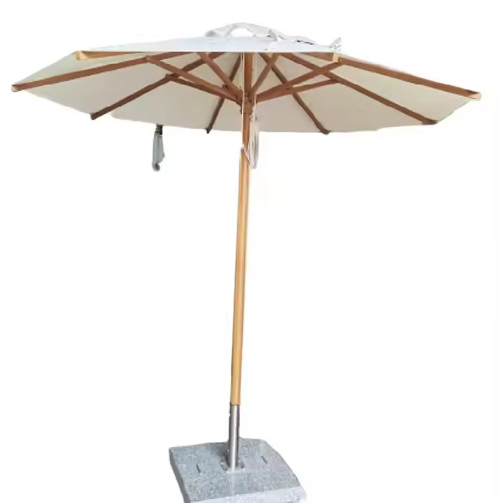 9ft White Wood Patio Umbrella Outdoor Central Pole Swimming Pool Umbrellas Wooden Beach Umbrella
