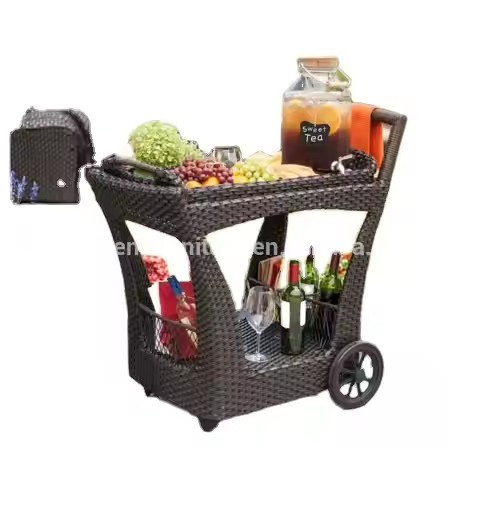Hotel Portal Rattan Wicker Plastic Red Wine Cart Serving Trolley Cart Restaurant bar Beverage Cart With Wheels