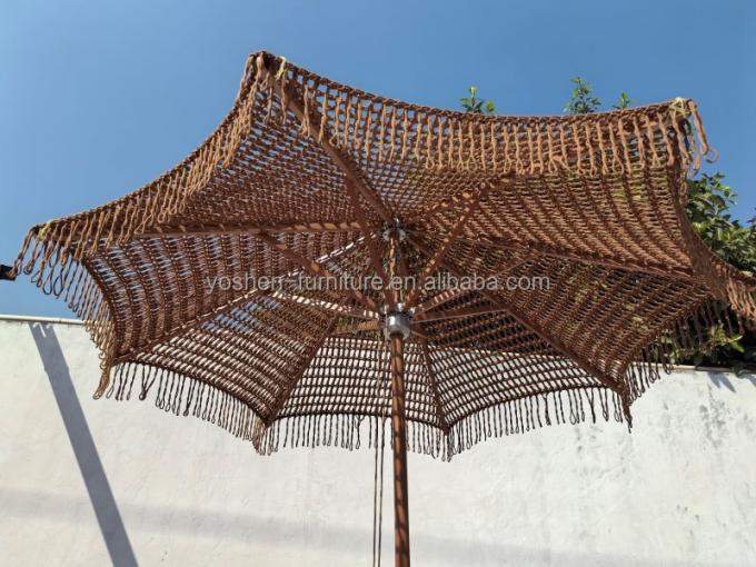 9 ft Coffee Chocolate Outdoor Macrame Beach Umbrella Rope Woven Crochet Umbrella Tassel Fringe Market Umbrella 1