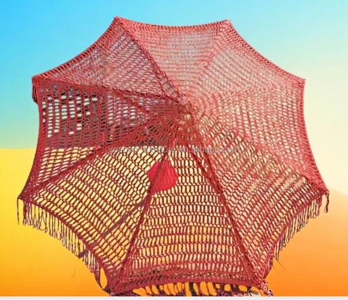 9 ft Red pink Colorful Outdoor Market Umbrella Rope Woven Macrame Umbrella Crochet Woven Umbrella Parasol 1