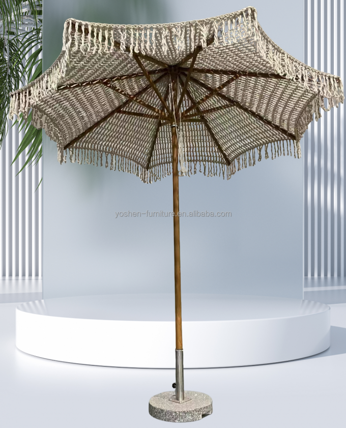 9 ft Commercial Market Umbrella Rope Tassel Macrame Parasol Popular Crochet Woven Umbrella 0